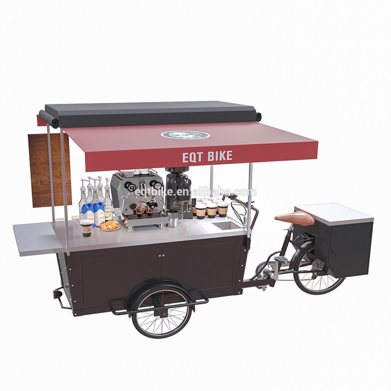 Ahşap Kutu Yapısı 48V Üç Tekerlekli Bisiklet Kahve Otomatı Arabası