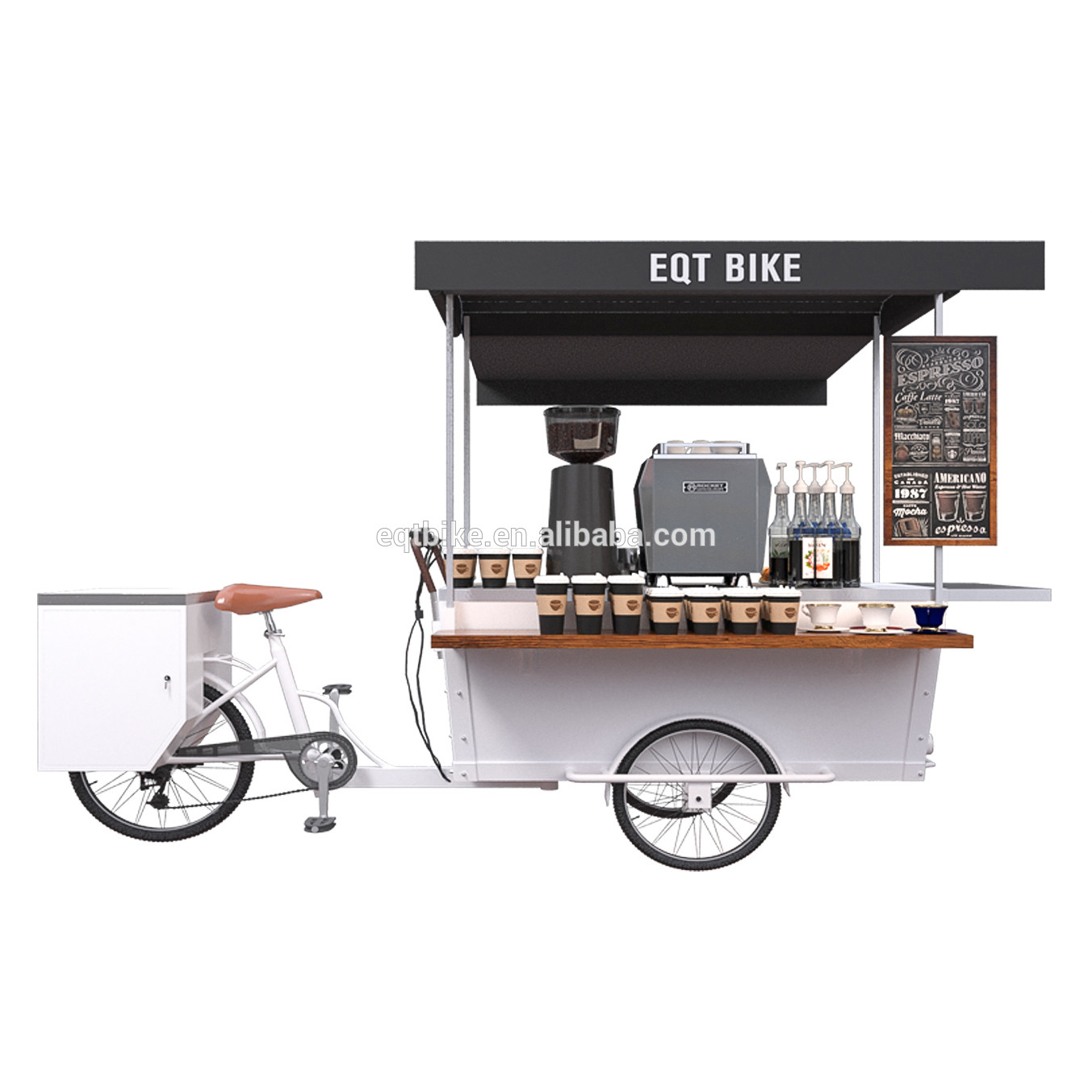 Kutu Yapısı Mobil 25 ° Tırmanma Üç Tekerlekli Bisiklet Kahve Arabası