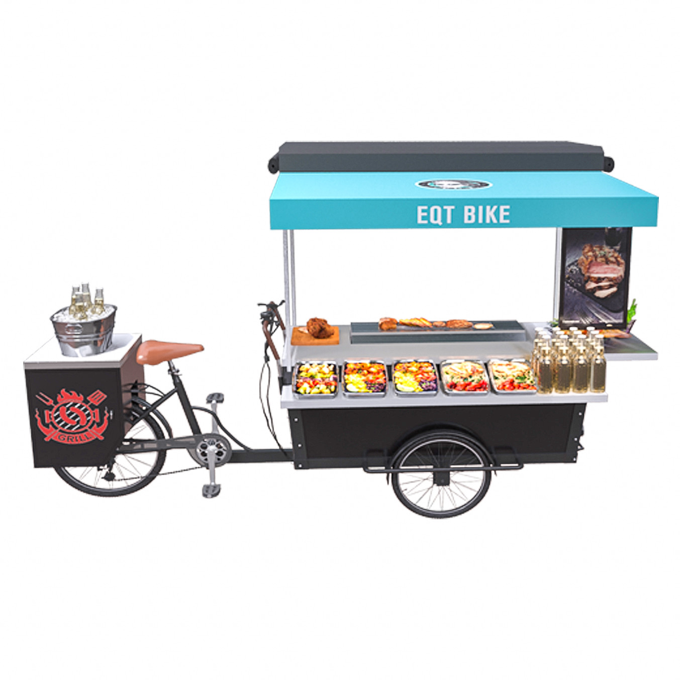 V Fren Açık Mobil Gıda Üç Tekerlekli Bisiklet Barbekü Otomat Arabası
