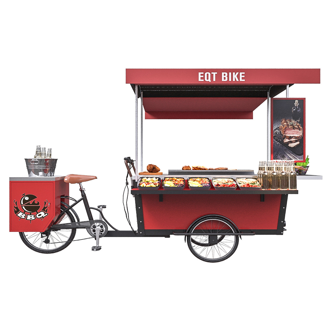 Paslanmaz Izgara Yemek 50km / H Barbekü Üç Tekerlekli Bisiklet Hot Dog Arabası